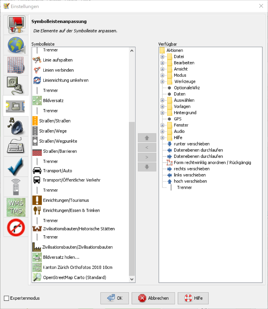 symbolleisten einstellungen