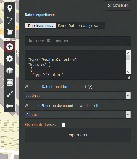 'Daten importieren'-Menü in uMap